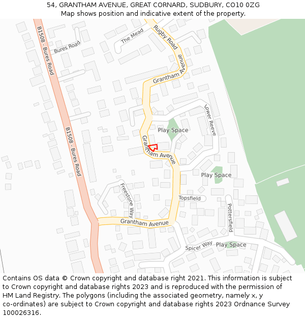 54, GRANTHAM AVENUE, GREAT CORNARD, SUDBURY, CO10 0ZG: Location map and indicative extent of plot