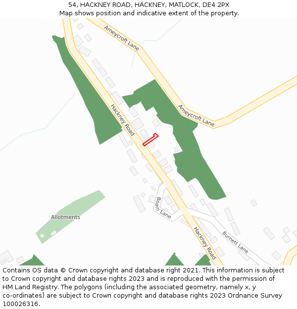 54, HACKNEY ROAD, HACKNEY, MATLOCK, DE4 2PX: Location map and indicative extent of plot
