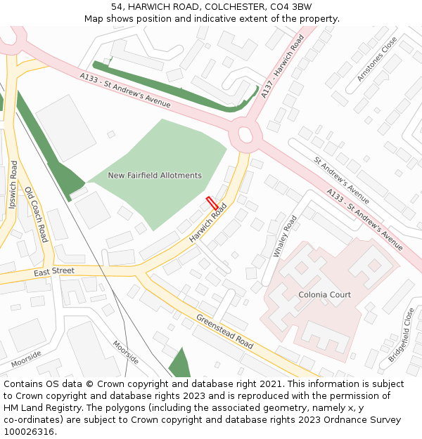 54, HARWICH ROAD, COLCHESTER, CO4 3BW: Location map and indicative extent of plot