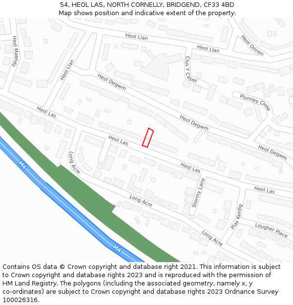 54, HEOL LAS, NORTH CORNELLY, BRIDGEND, CF33 4BD: Location map and indicative extent of plot