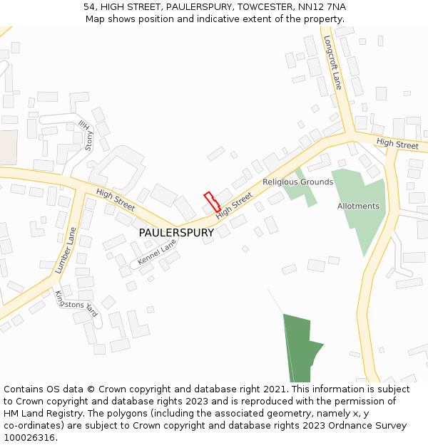 54, HIGH STREET, PAULERSPURY, TOWCESTER, NN12 7NA: Location map and indicative extent of plot