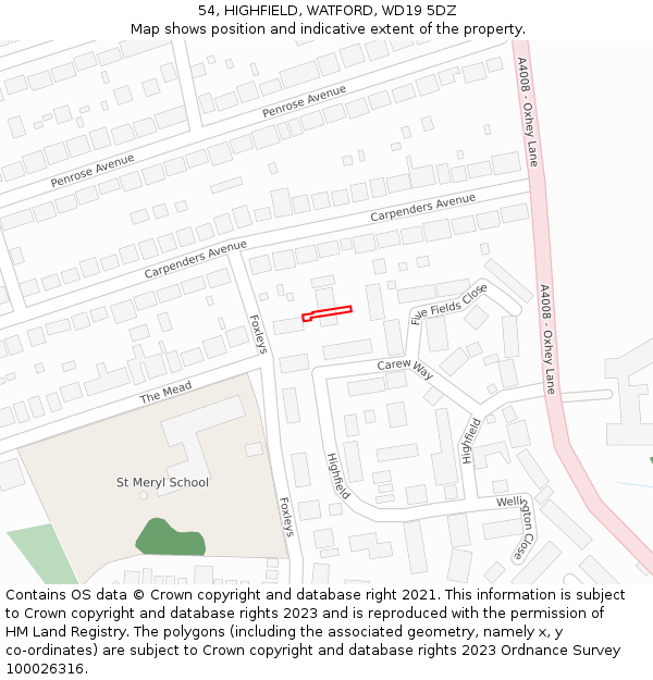 54, HIGHFIELD, WATFORD, WD19 5DZ: Location map and indicative extent of plot
