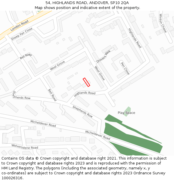 54, HIGHLANDS ROAD, ANDOVER, SP10 2QA: Location map and indicative extent of plot