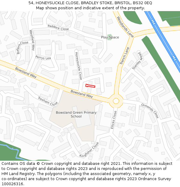 54, HONEYSUCKLE CLOSE, BRADLEY STOKE, BRISTOL, BS32 0EQ: Location map and indicative extent of plot