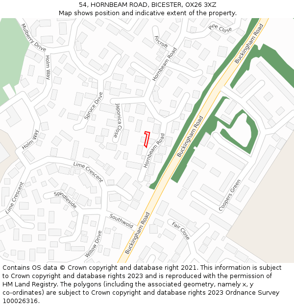 54, HORNBEAM ROAD, BICESTER, OX26 3XZ: Location map and indicative extent of plot