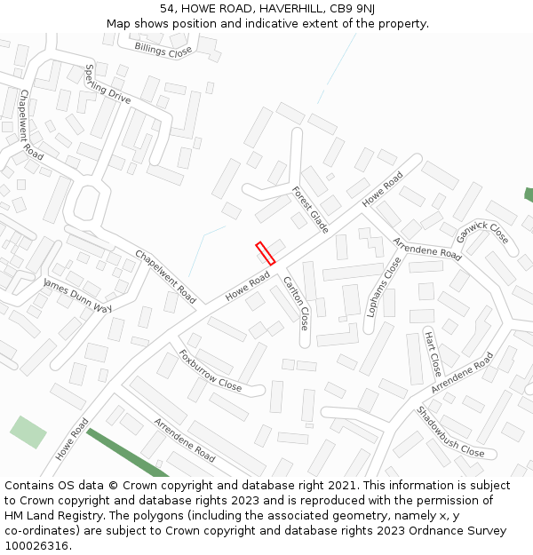 54, HOWE ROAD, HAVERHILL, CB9 9NJ: Location map and indicative extent of plot