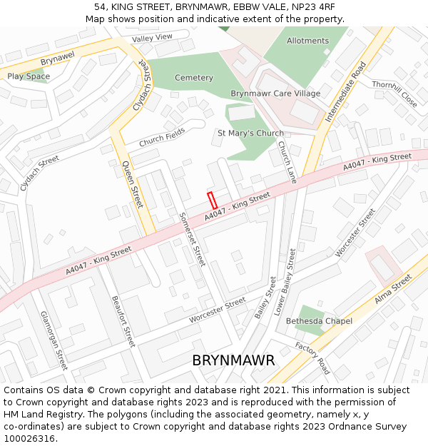 54, KING STREET, BRYNMAWR, EBBW VALE, NP23 4RF: Location map and indicative extent of plot