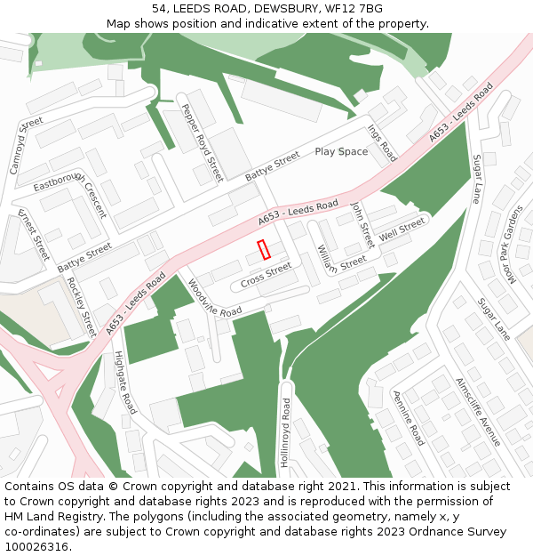 54, LEEDS ROAD, DEWSBURY, WF12 7BG: Location map and indicative extent of plot