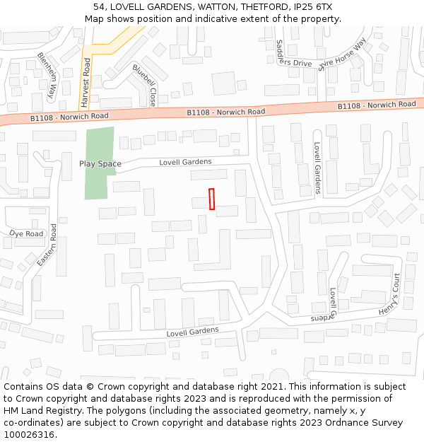 54, LOVELL GARDENS, WATTON, THETFORD, IP25 6TX: Location map and indicative extent of plot