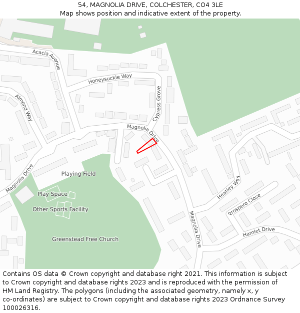 54, MAGNOLIA DRIVE, COLCHESTER, CO4 3LE: Location map and indicative extent of plot