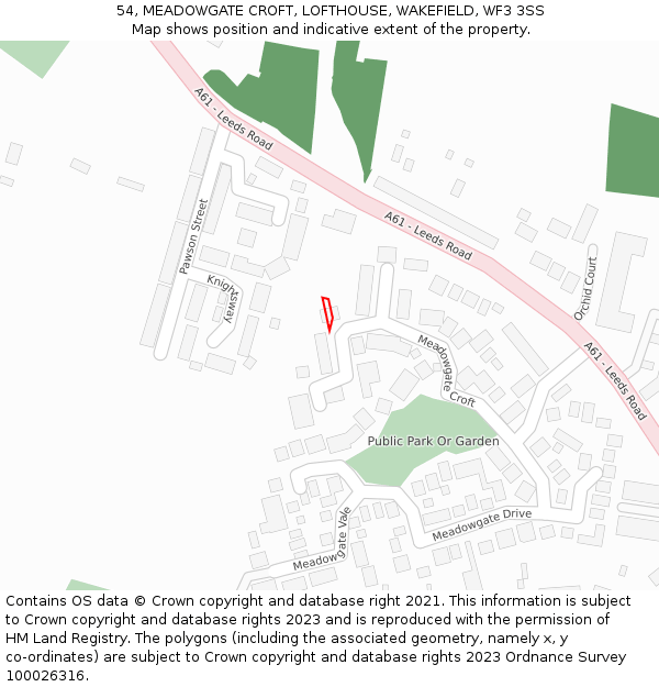54, MEADOWGATE CROFT, LOFTHOUSE, WAKEFIELD, WF3 3SS: Location map and indicative extent of plot