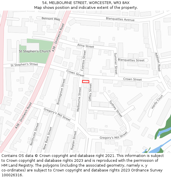 54, MELBOURNE STREET, WORCESTER, WR3 8AX: Location map and indicative extent of plot