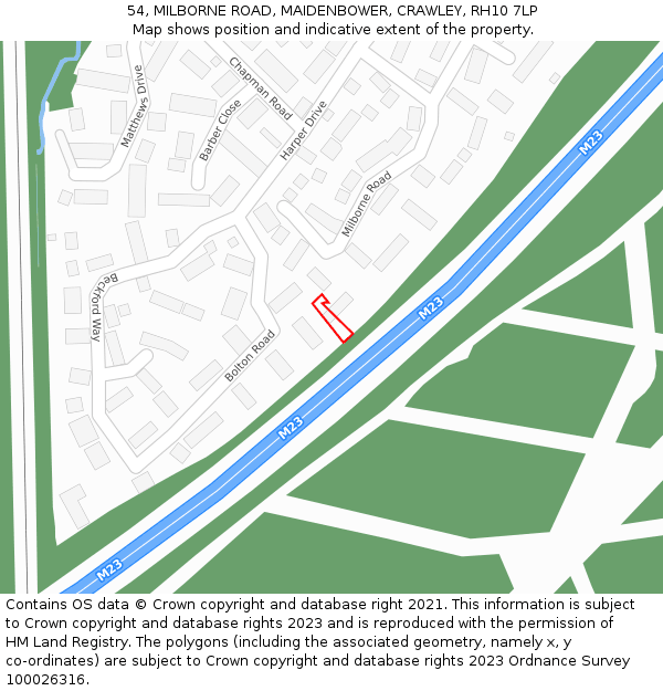 54, MILBORNE ROAD, MAIDENBOWER, CRAWLEY, RH10 7LP: Location map and indicative extent of plot