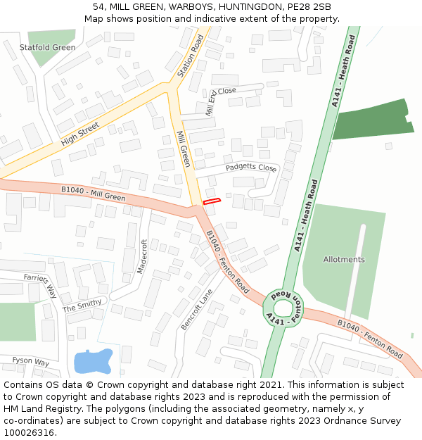 54, MILL GREEN, WARBOYS, HUNTINGDON, PE28 2SB: Location map and indicative extent of plot