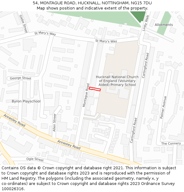 54, MONTAGUE ROAD, HUCKNALL, NOTTINGHAM, NG15 7DU: Location map and indicative extent of plot