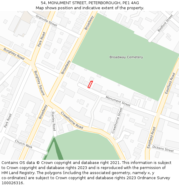 54, MONUMENT STREET, PETERBOROUGH, PE1 4AG: Location map and indicative extent of plot