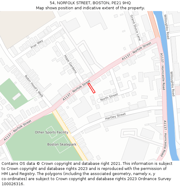 54, NORFOLK STREET, BOSTON, PE21 9HQ: Location map and indicative extent of plot