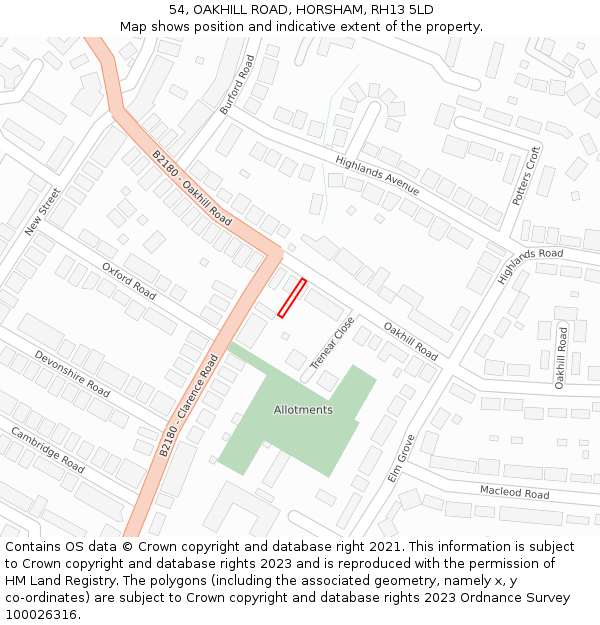 54, OAKHILL ROAD, HORSHAM, RH13 5LD: Location map and indicative extent of plot