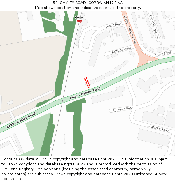 54, OAKLEY ROAD, CORBY, NN17 1NA: Location map and indicative extent of plot