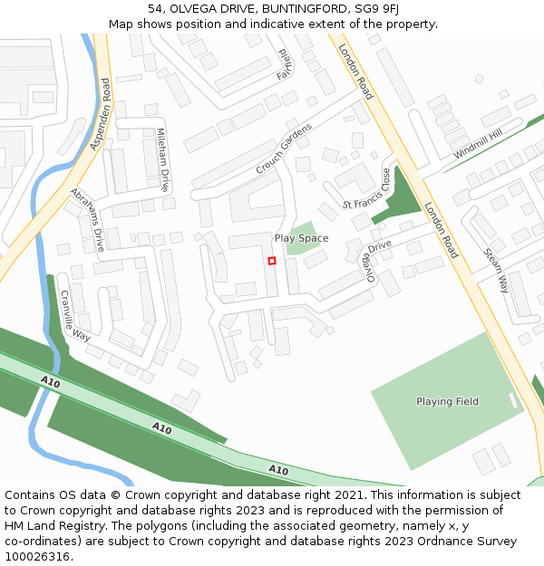 54, OLVEGA DRIVE, BUNTINGFORD, SG9 9FJ: Location map and indicative extent of plot