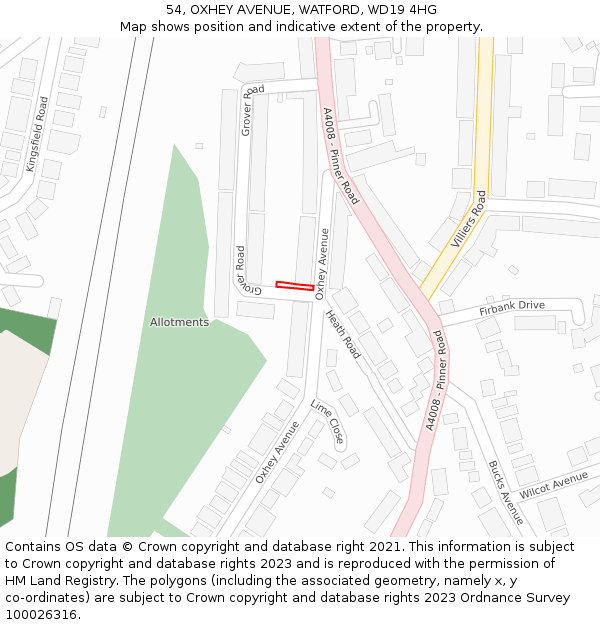 54, OXHEY AVENUE, WATFORD, WD19 4HG: Location map and indicative extent of plot