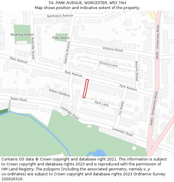 54, PARK AVENUE, WORCESTER, WR3 7AH: Location map and indicative extent of plot