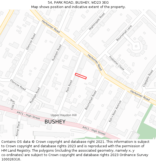 54, PARK ROAD, BUSHEY, WD23 3EG: Location map and indicative extent of plot