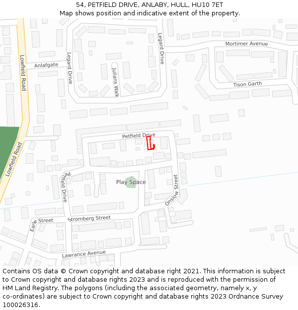 54, PETFIELD DRIVE, ANLABY, HULL, HU10 7ET: Location map and indicative extent of plot