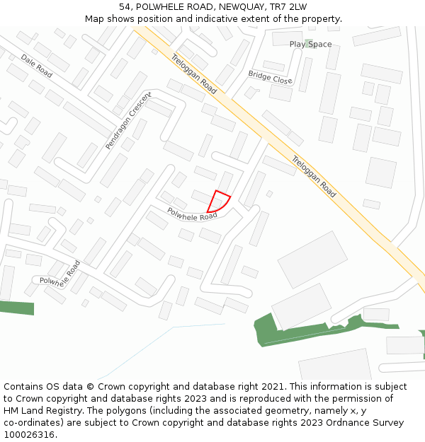 54, POLWHELE ROAD, NEWQUAY, TR7 2LW: Location map and indicative extent of plot