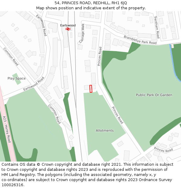 54, PRINCES ROAD, REDHILL, RH1 6JQ: Location map and indicative extent of plot