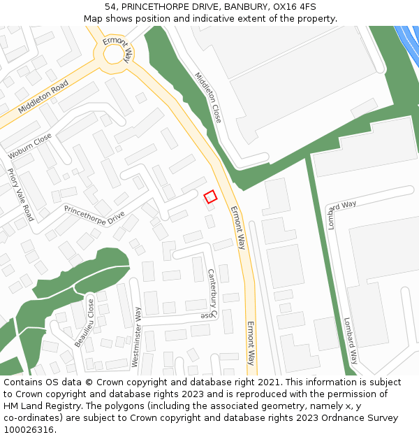 54, PRINCETHORPE DRIVE, BANBURY, OX16 4FS: Location map and indicative extent of plot