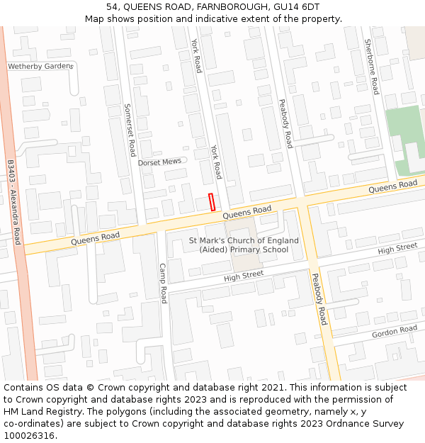 54, QUEENS ROAD, FARNBOROUGH, GU14 6DT: Location map and indicative extent of plot