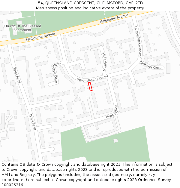 54, QUEENSLAND CRESCENT, CHELMSFORD, CM1 2EB: Location map and indicative extent of plot
