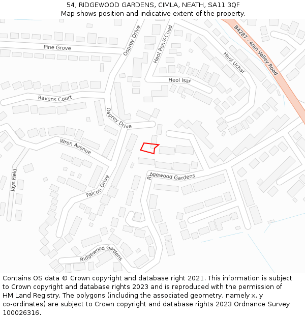 54, RIDGEWOOD GARDENS, CIMLA, NEATH, SA11 3QF: Location map and indicative extent of plot