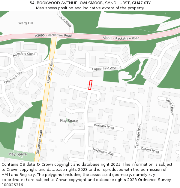 54, ROOKWOOD AVENUE, OWLSMOOR, SANDHURST, GU47 0TY: Location map and indicative extent of plot
