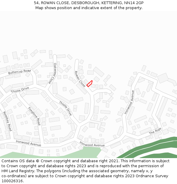 54, ROWAN CLOSE, DESBOROUGH, KETTERING, NN14 2GP: Location map and indicative extent of plot
