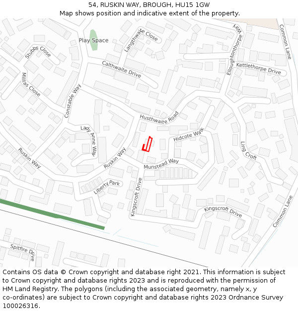 54, RUSKIN WAY, BROUGH, HU15 1GW: Location map and indicative extent of plot
