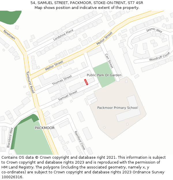 54, SAMUEL STREET, PACKMOOR, STOKE-ON-TRENT, ST7 4SR: Location map and indicative extent of plot
