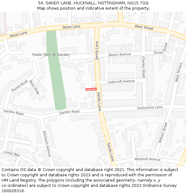 54, SANDY LANE, HUCKNALL, NOTTINGHAM, NG15 7GQ: Location map and indicative extent of plot