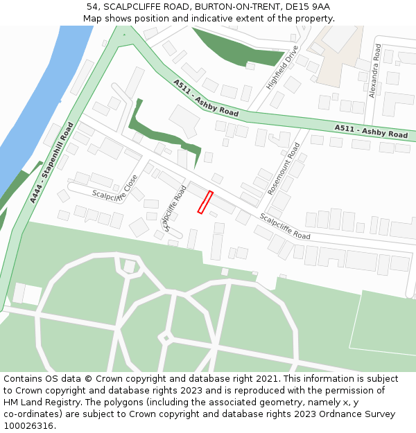 54, SCALPCLIFFE ROAD, BURTON-ON-TRENT, DE15 9AA: Location map and indicative extent of plot