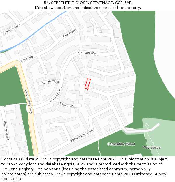 54, SERPENTINE CLOSE, STEVENAGE, SG1 6AP: Location map and indicative extent of plot