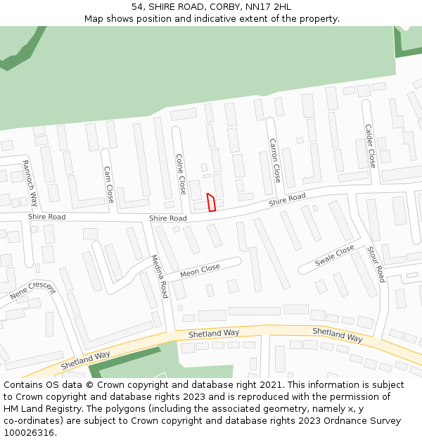 54, SHIRE ROAD, CORBY, NN17 2HL: Location map and indicative extent of plot