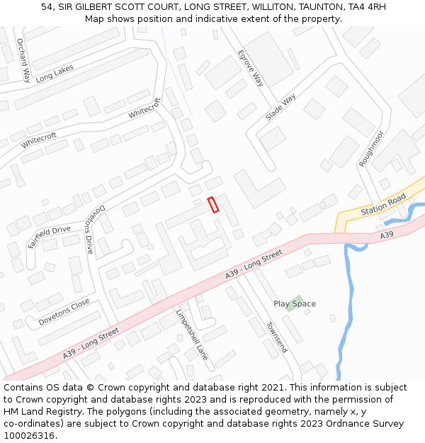 54, SIR GILBERT SCOTT COURT, LONG STREET, WILLITON, TAUNTON, TA4 4RH: Location map and indicative extent of plot