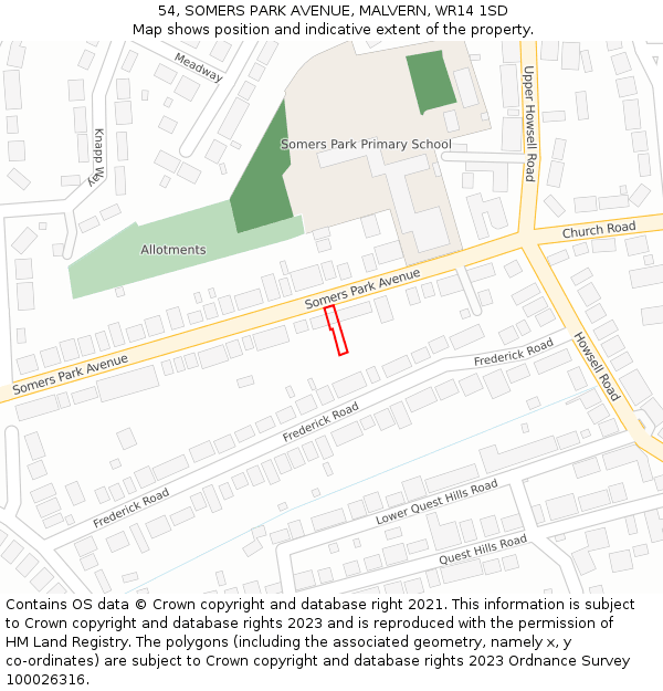 54, SOMERS PARK AVENUE, MALVERN, WR14 1SD: Location map and indicative extent of plot
