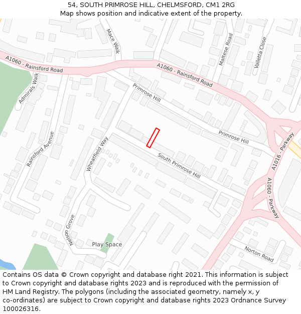 54, SOUTH PRIMROSE HILL, CHELMSFORD, CM1 2RG: Location map and indicative extent of plot