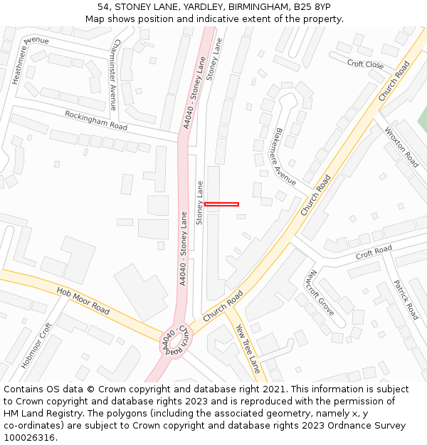 54, STONEY LANE, YARDLEY, BIRMINGHAM, B25 8YP: Location map and indicative extent of plot