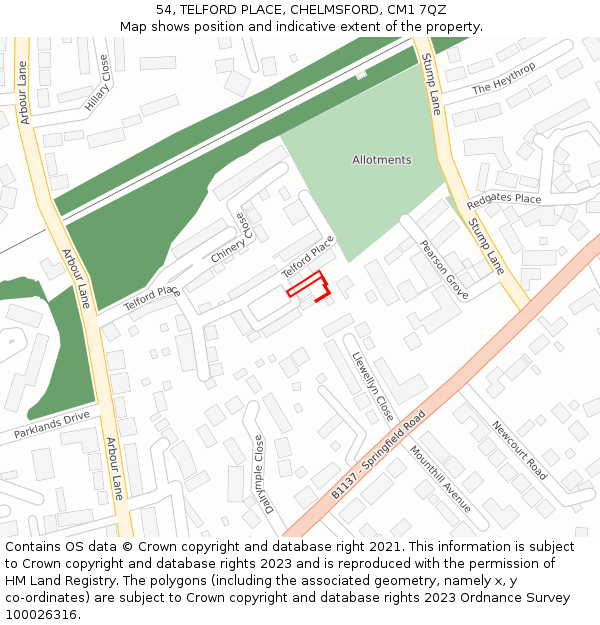 54, TELFORD PLACE, CHELMSFORD, CM1 7QZ: Location map and indicative extent of plot