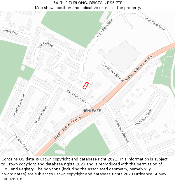 54, THE FURLONG, BRISTOL, BS6 7TF: Location map and indicative extent of plot