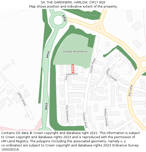 54, THE GARDINERS, HARLOW, CM17 9QX: Location map and indicative extent of plot