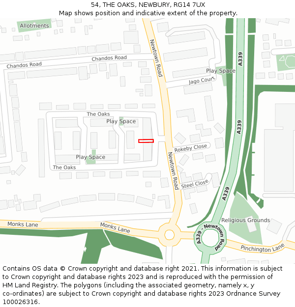 54, THE OAKS, NEWBURY, RG14 7UX: Location map and indicative extent of plot